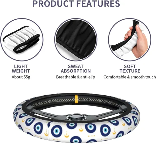 Vista 7 de Funda para volante MINIOZE de ojos malvados azules con luna mágica, accesorios para automóvil, linda para mujeres y niñas, universal de 15 pulgadas