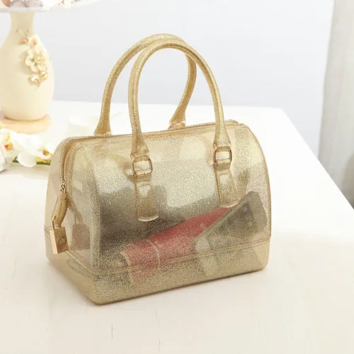 Vista 2 de Bolso de cristal transparente de color caramelo con forma de almohada de gelatina de verano para mujer