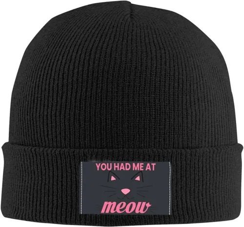 Vista 2 de Gorro con texto en inglés "You Had Me at Meow, gorro de punto suave y acogedor para el invierno, cálido, Negro