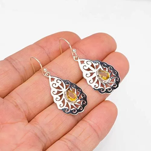 Vista 3 de StarGems Natural Citrine Peacock Handmade 925 Sterling Silver Earrings E3530