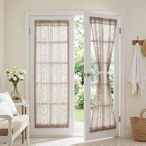 Vista 25 de MYSKY HOME Cortinas de encaje beige para puerta francesa de 40 pulgadas de largo, 2 paneles de cortinas florales bohemias transparentes para puerta