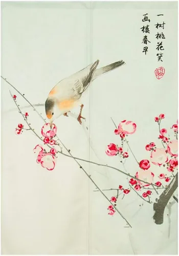 Vista 8 de Cortina japonesa Noren para puerta, pintura de tinta, hojas y pájaros, cortina para puerta, tapiz divisor de habitación, 33 x 47 pulgadas Bird 2