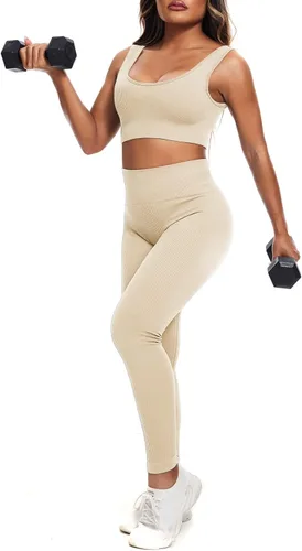 Vista 4 de YUMSUN Conjunto de entrenamiento para mujer, 2 piezas, sin costuras, acanalado, camiseta sin mangas, deportes, gimnasio, cintura alta, correr, yoga