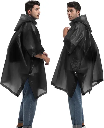 Vista 2 de Ponchos de lluvia reutilizables con capucha con cordón para adultos, abrigo de lluvia grueso impermeable, 2 paquetes