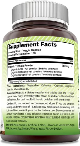 Vista 2 de Amazing India Triphala (fruta trifala natural) Suplemento 750 mg por porción 120 cápsulas vegetales Sin OMG Sin gluten
