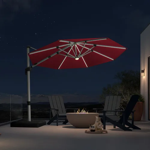 Vista 45 de PURPLE LEAF Sombrilla de patio de 9 x 12 pies con luces, sombrilla rectangular voladiza para exteriores, funciona con energía solar, LED