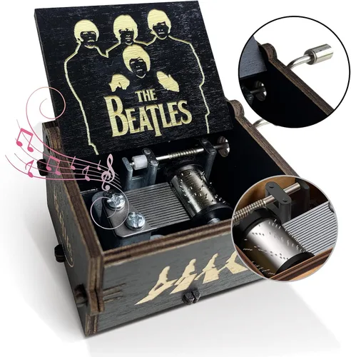 Vista 3 de veratwo Regalos de The Beatles - Caja de música de madera vintage grabada con manivela, regalo de colección favorito de los fanáticos de The Beatles