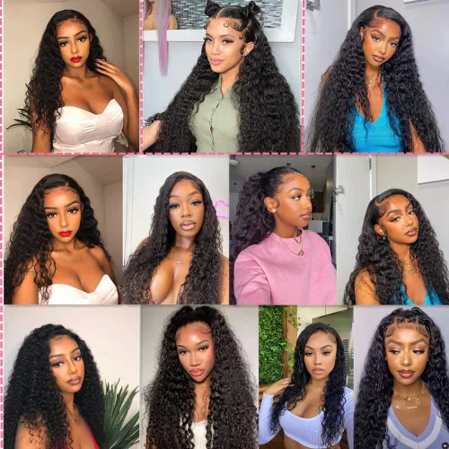 Vista 6 de Pelucas de cabello humano ondulado profundo con encaje frontal para mujeres negras, pelucas de cabello humano de 13 × 4 con encaje frontal