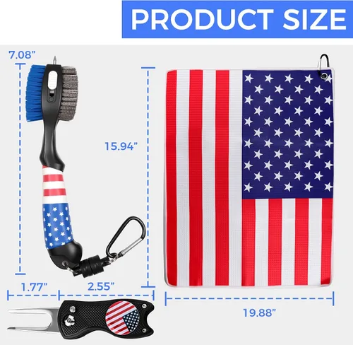 Vista 2 de Cepillo de palo de golf y toallas de golf con bandera americana, kit de limpieza de ranuras de golf, herramienta de limpieza de accesorios de golf