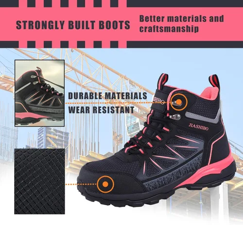 Vista 8 de JIASHIBO Botas de trabajo con punta de acero para mujer, calzado protector multifuncional, antideslizante, resistente a pinchazos, absorción