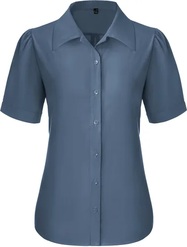 Vista 14 de Gleeivy Camisas de botones para mujer de manga corta abombada, camisas de vestir abotonadas con cuello ajustado, blusa superior de trabajo