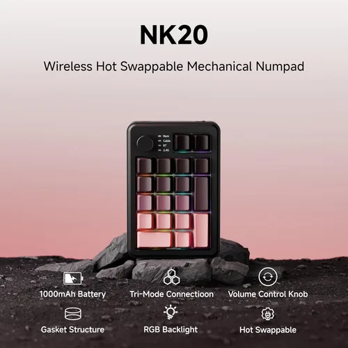 Vista 2 de EWEADN NK20 - Numpad mecánica inalámbrica retro con perilla, Bluetooth2.4GHzUSB-C conecta con retroiluminación RGB, almohadilla numérica