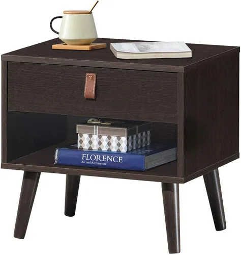 Vista 6 de Mesa auxiliar multifunción estilo mediados de siglo, mesa auxiliar para sofá, mesita de noche con estante de cajón, resistente y duradera