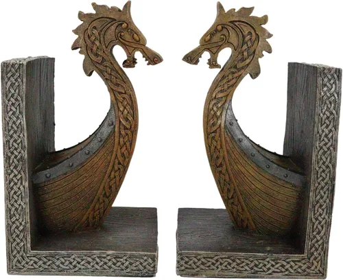 Vista 4 de Ebros Gift Juego de dos sujetalibros náuticos del reino del mar costero escandinavo, dragón vikingo escandinavo, proa, barco, sujetalibros, juego