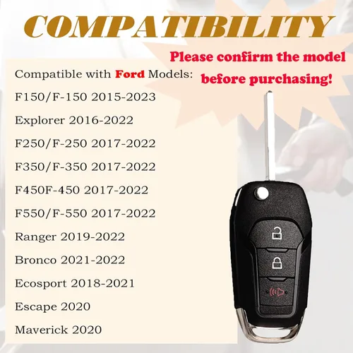 Vista 2 de SUPALAND Llavero Plegable de Repuesto Compatible con Ford F-150/F150 2015-2023 F250 F350 2017-2022 Explorer 2016-2022 Ecosport 2018-2021 Ranger
