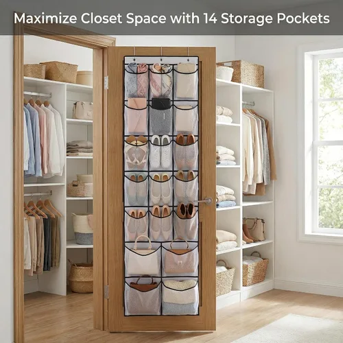 Vista 6 de Organizador de zapatos sobre la puerta con 14 bolsillos grandes de malla, almacenamiento colgante que ahorra espacio para zapatos y accesorios, Negro