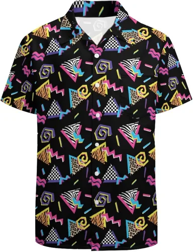 Vista 6 de Trajes de los años 80 y 90 para mujer, camisa de discoteca retro para fiesta temática de los años 80, camisa hawaiana de neón con botones y manga