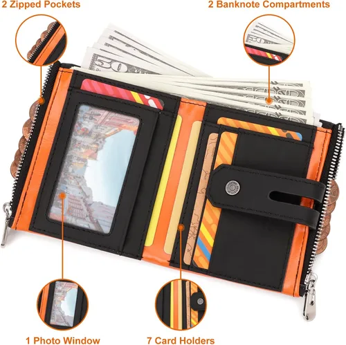 Vista 4 de gzcz Billeteras para hombre con cadena de cuero genuino plegable para hombre Rfid bloqueo monedero con tarjeta de crédito, BP901-Negro con Naranja