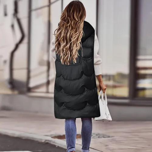 Vista 3 de Chaleco con capucha para mujer, versión larga, acolchado, con relleno de plumón sintético, adecuado para otoño e invierno, chalecos de talla grande