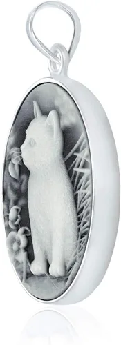 Vista 2 de Collar con colgante de medallón para fotos con grabado personalizado, estilo vintage, vintage, de ónix blanco y negro, gato sentado, gato ovalado