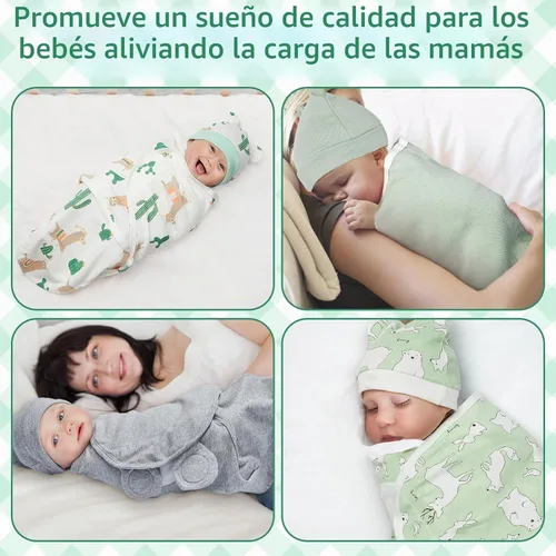 Vista 6 de Ramede Paquete de 6 mantas para envolver con sombreros para bebé, niña y niño, mantas de algodón 100%, de 0 a 3 meses, ajustable, transpirable