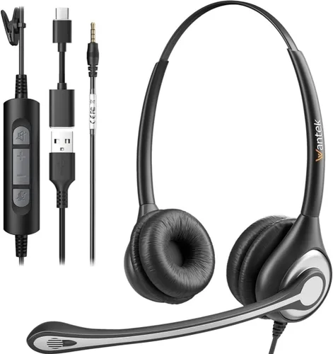Vista 9 de Auriculares con micrófono, auriculares USB con micrófono para PC, auriculares de computadora con micrófono de cancelación de ruido con función