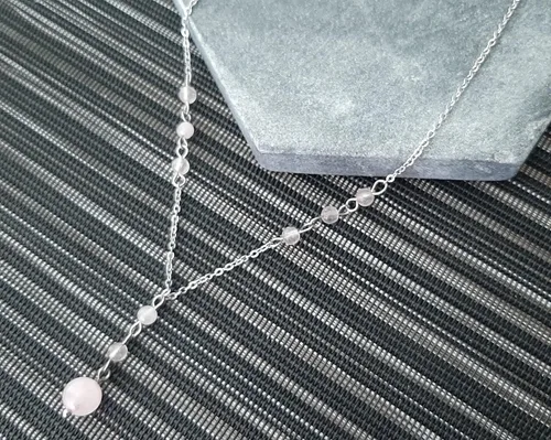 Vista 4 de Natural Crystal Bead Rose Quartz Y Shaped Lariat Necklace Non-Tarnish Steel Chain