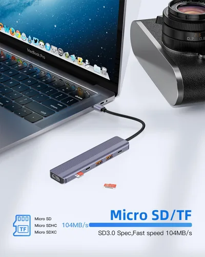 Vista 7 de Hub USB C 6 en 1 de 10 Gbps, adaptador HDMI multipuerto para MacBook 4K a 60Hz a USB C 3.2, puertos USB-3.2 de 3 puertos, 100 W PD, lector de crard