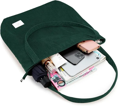 Vista 8 de KALIDI - Bolsa de pana para mujer, con cremallera, casual, de gran capacidad, con bolsillos