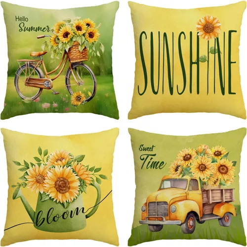 Vista 8 de Daisy - Juego de 4 fundas de almohada de 16 x 16 pulgadas, fundas de almohada de verano, fundas de almohada cuadradas de lino y algodón para sofá