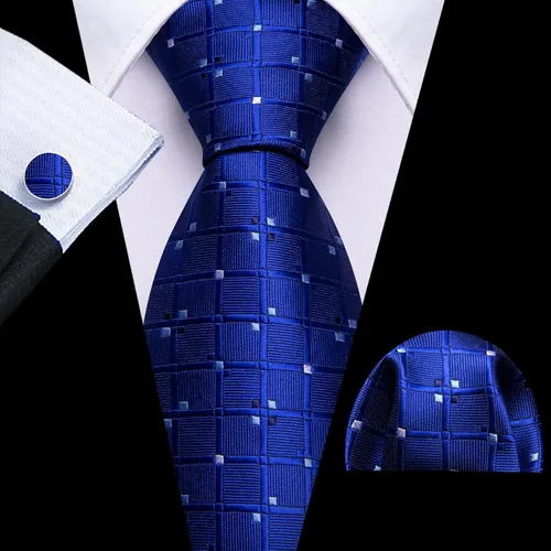 Vista 147 de Barry.Wang Juego de corbatas a cuadros para hombre con pañuelo gemelos de rayas clásicas