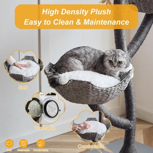 Vista 4 de Torre de árbol gris moderno de 52 pulgadas de alto para gatos grandes, postes rascadores para gatos con cestas tejidas a mano Condominio de lujo