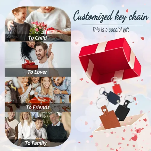 Vista 8 de Llavero personalizado con protección de cuero, llavero de texto personalizable con foto colorida para amantes de la familia, Rojo