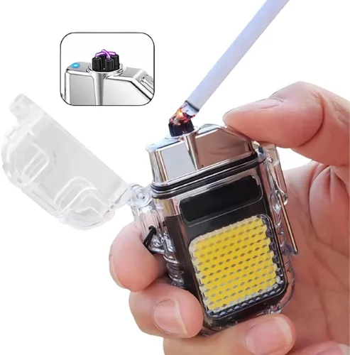 Vista 2 de Encendedor eléctrico de arco al aire libre, encendedor recargable por USB, linterna LED, encendedor de plasma de doble arco perfecto para camping