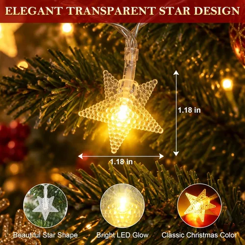 Vista 3 de 20FT 60LED Christmas Star Fairy String Lights Battery Operated Warm White 8 Lighting Modes with Timer Function IP44 Waterproof Design for Christmas