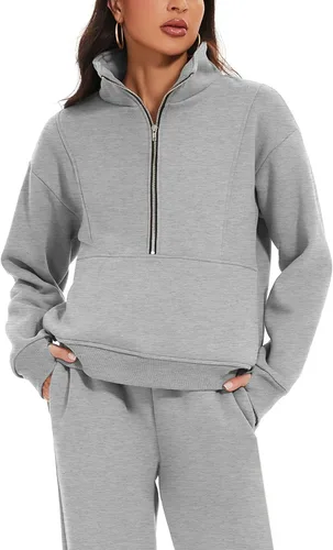 Vista 2 de PEHMEA Conjunto deportivo de 2 piezas de otoño para mujer, con forro polar, holgado, manga larga, media cremallera, cómodo conjunto de descanso
