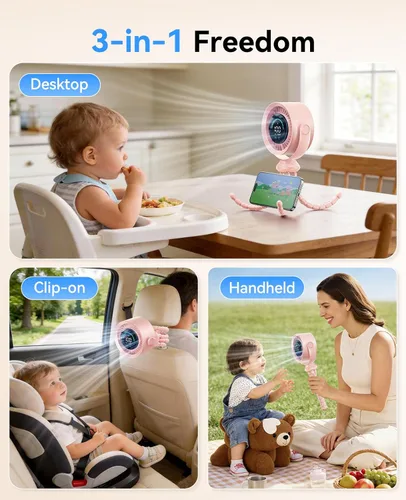 Vista 8 de Ventilador portátil para cochecito, rotación de 360°, 17 horas de Rosa