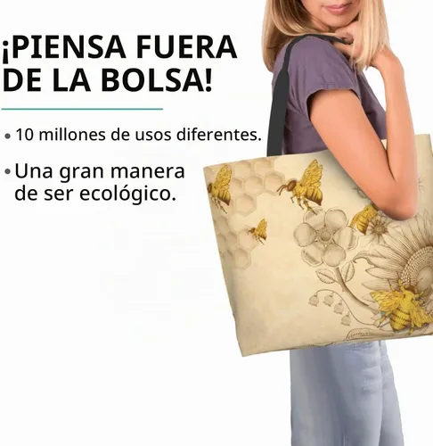 Vista 2 de Bolsa de compras grande reutilizable con mango fuerte respetuoso del medio ambiente Girasoles de abeja