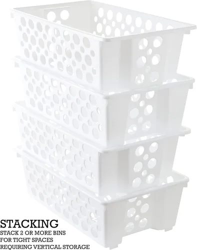 Vista 7 de Cestas cortas deslizantes, paquete de 2, almacenamiento modular apilable y deslizante, grandes contenedores organizadores para despensa, armario