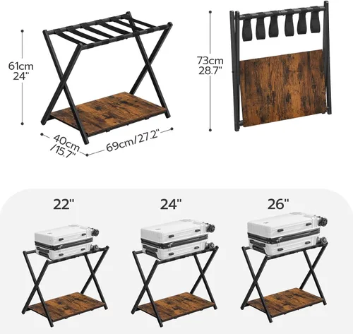 Vista 3 de HOOBRO Portaequipajes plegable, soporte para maleta con estante de almacenamiento de madera, soporta hasta 110 libras, 27.2 x 15.7 x 24 pulgadas
