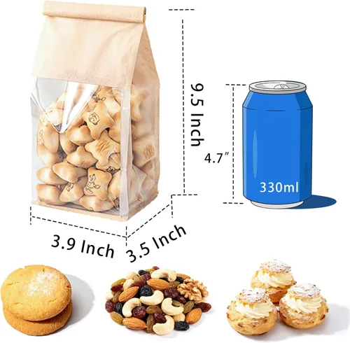 Vista 2 de 50 bolsas de pan con lazo de lata, bolsas para pan hechas de papel de algodón marrón, bolsa de embalaje de almacenamiento con ventana transparente