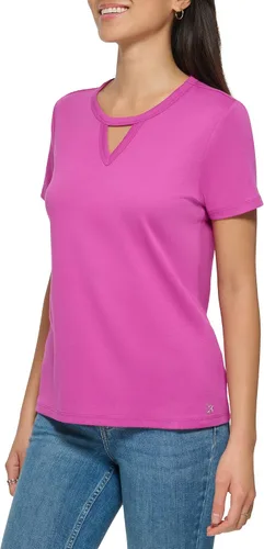 Vista 2 de Calvin Klein Camiseta casual de manga corta con cuello acanalado de 1 x 1 para mujer