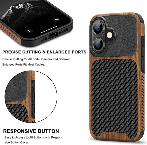Vista 5 de TENDLIN Compatible con iPhone 16 Funda de teléfono de grano de madera con textura de fibra de carbono, diseño de cuero híbrido delgado (negro)