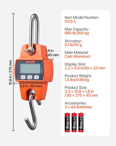 Vista 7 de VEVOR Báscula digital para grúa, 660 libras/661.4 lbs, báscula industrial resistente para colgar con caja de aluminio fundido y pantalla LCD, mini