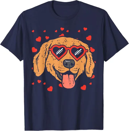 Vista 52 de Golden Retriever cara corazón gafas día de San Valentín perro regalo camiseta Negro