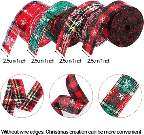 Vista 2 de Willbond 4 rollos de cinta de Navidad a cuadros de 24 yardas, cinta de copo de nieve, arpillera a cuadros rojos y verdes, envoltura decorativa