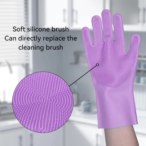 Vista 2 de Silicone Dishwashing Gloves, Kitchen Gloves for Washing Dishes Reusable Waterproof Dishwashing with Cleaning Brush