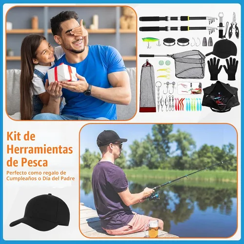 Vista 4 de Combo de caña de pescar telescópica y carrete de 2 piezas, kit de caña de pescar plegable con alicates para labios, señuelos, bolsa de transporte