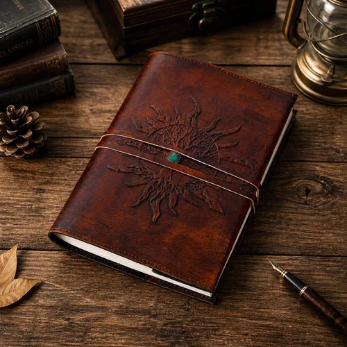 Vista 8 de Diario de Cuero Rellenable Papel Rayado SOL Árbol de la Vida Diario de Cuero Hecho a Mano Cuaderno Diario/Encuadernado Bloc Diario para Hombres
