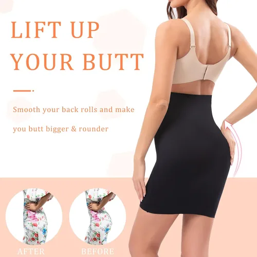 Vista 4 de 2 piezas de medias sandalias para mujer, sin costuras, vestido sin costuras, cintura alta, control de abdomen, falda moldeadora
